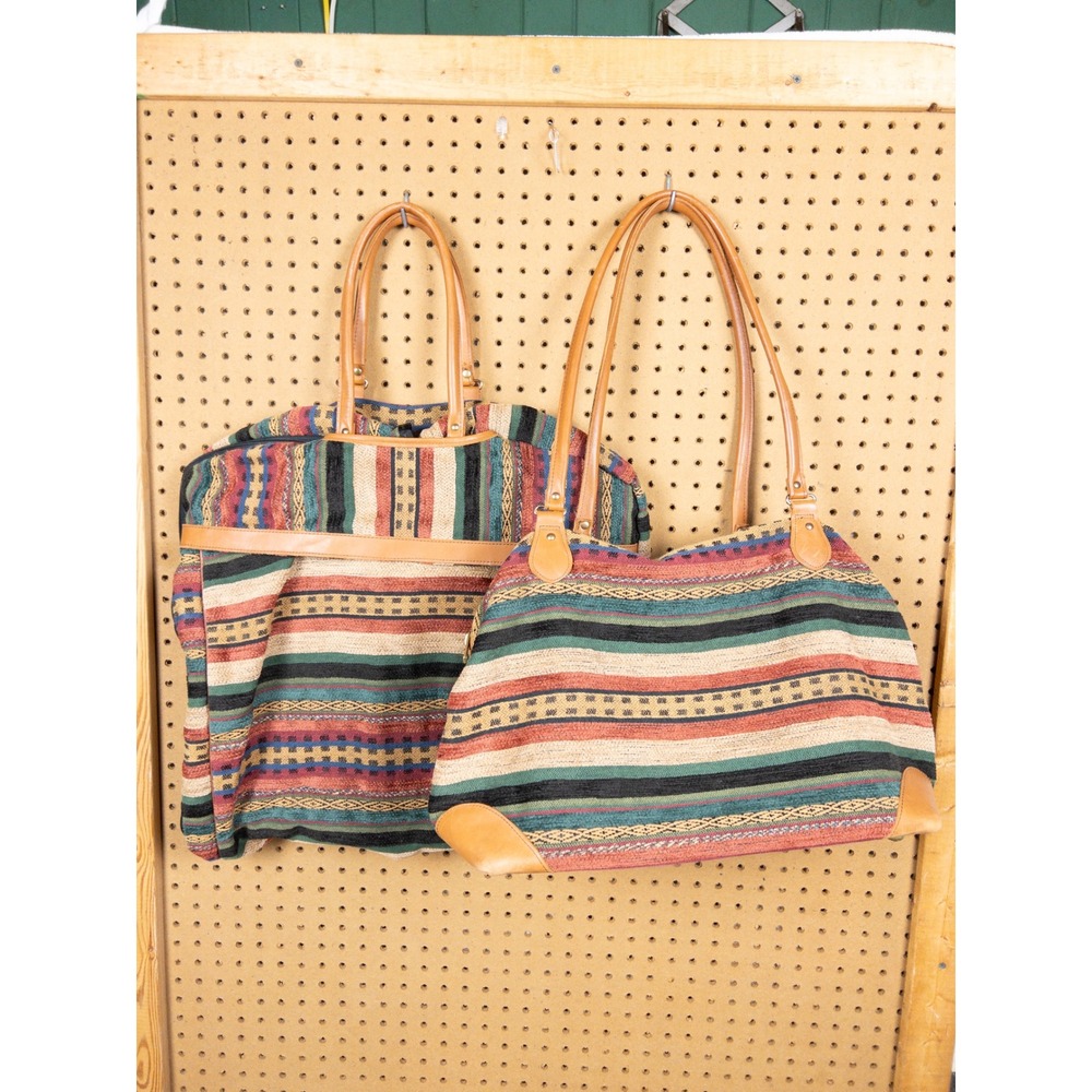 Vintage LL Bean 70s Woven Tapestry Luggage Set Striped Garment Bag, Carry-On - Picture 1 of 16